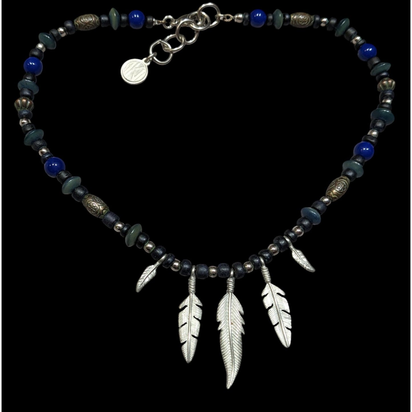 Vintage Southwestern Feather Charm Black Blue And Silver Tone Necklace