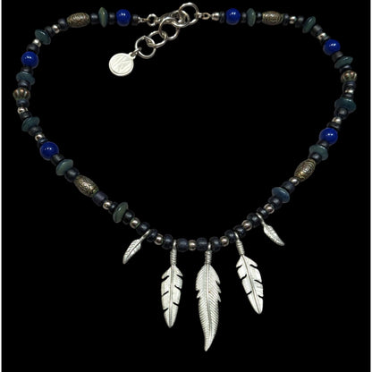 Vintage Southwestern Feather Charm Black Blue And Silver Tone Necklace