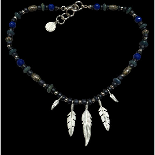 Vintage Southwestern Feather Charm Black Blue And Silver Tone Necklace
