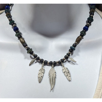 Vintage Southwestern Feather Charm Black Blue And Silver Tone Necklace