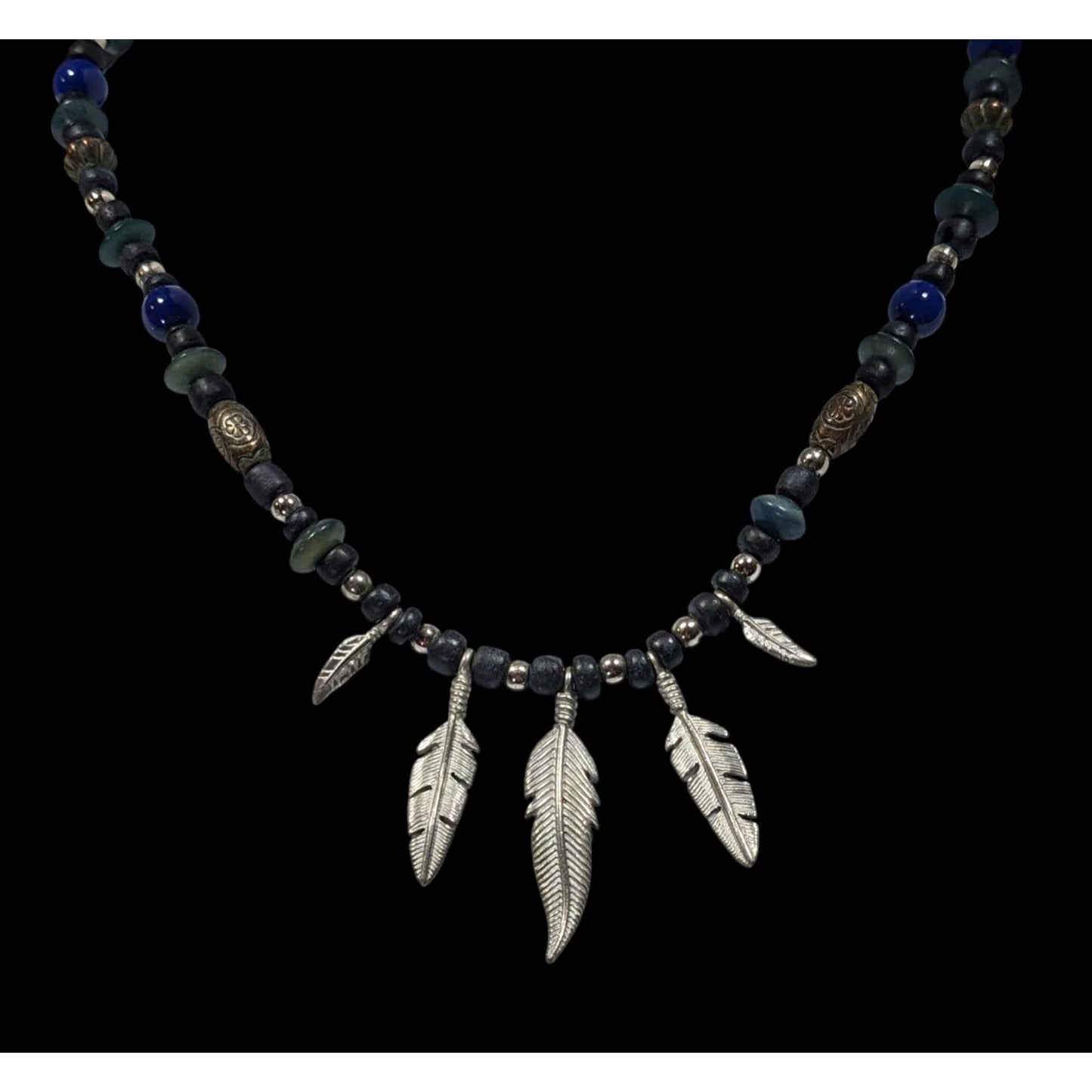 Vintage Southwestern Feather Charm Black Blue And Silver Tone Necklace