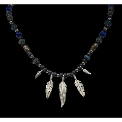 Vintage Southwestern Feather Charm Black Blue And Silver Tone Necklace