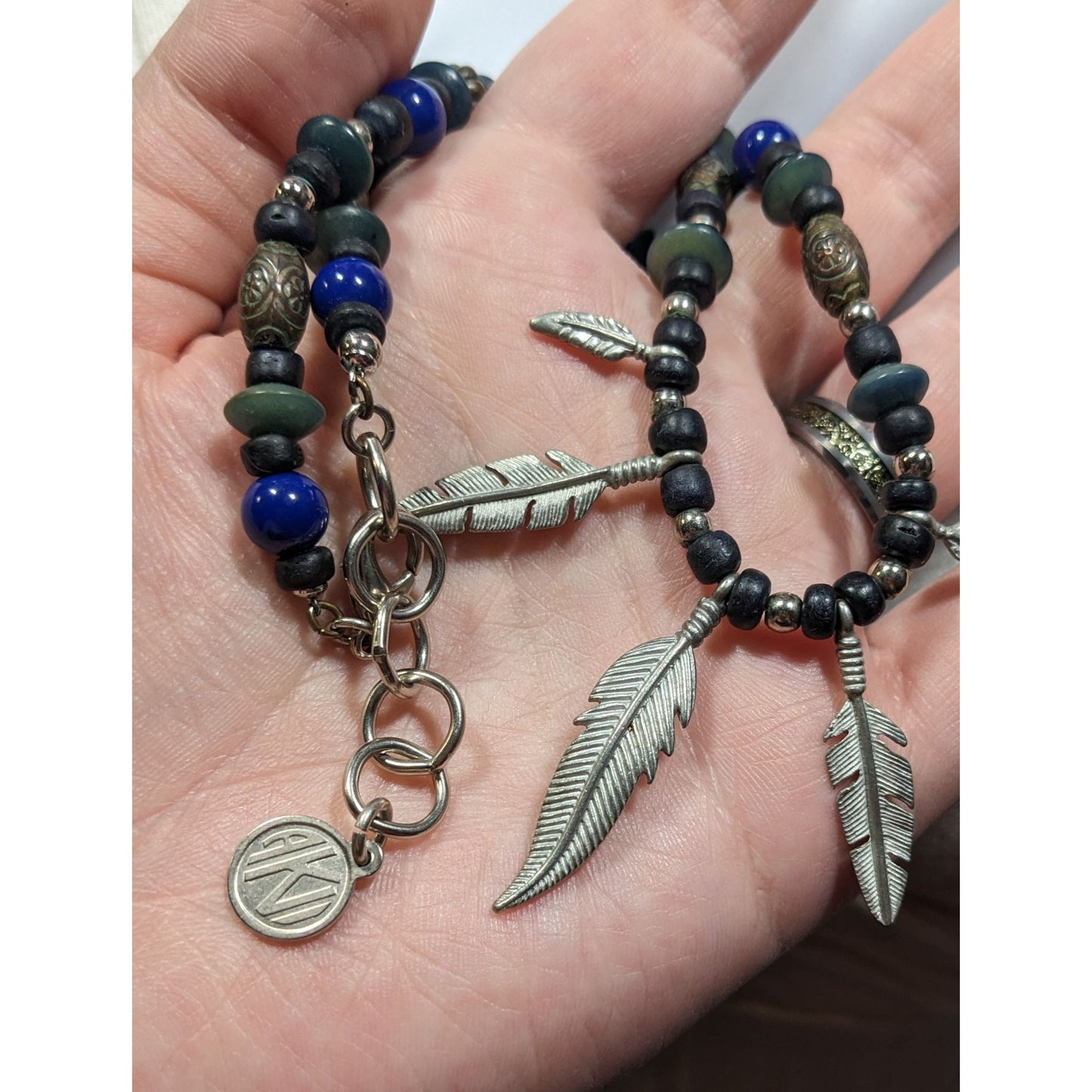 Vintage Southwestern Feather Charm Black Blue And Silver Tone Necklace