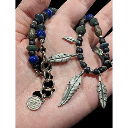 Vintage Southwestern Feather Charm Black Blue And Silver Tone Necklace