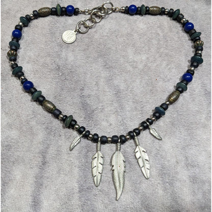 Vintage Southwestern Feather Charm Black Blue And Silver Tone Necklace