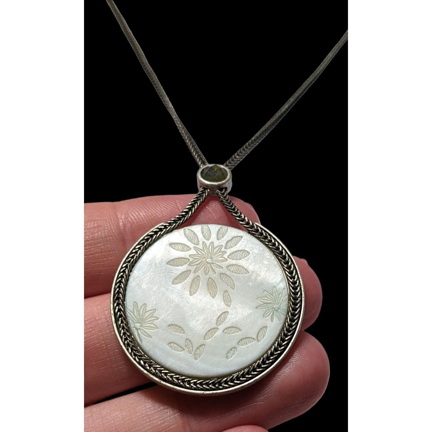 Vintage Versona Mother Of Pearl Carved Floral Pendant Necklace