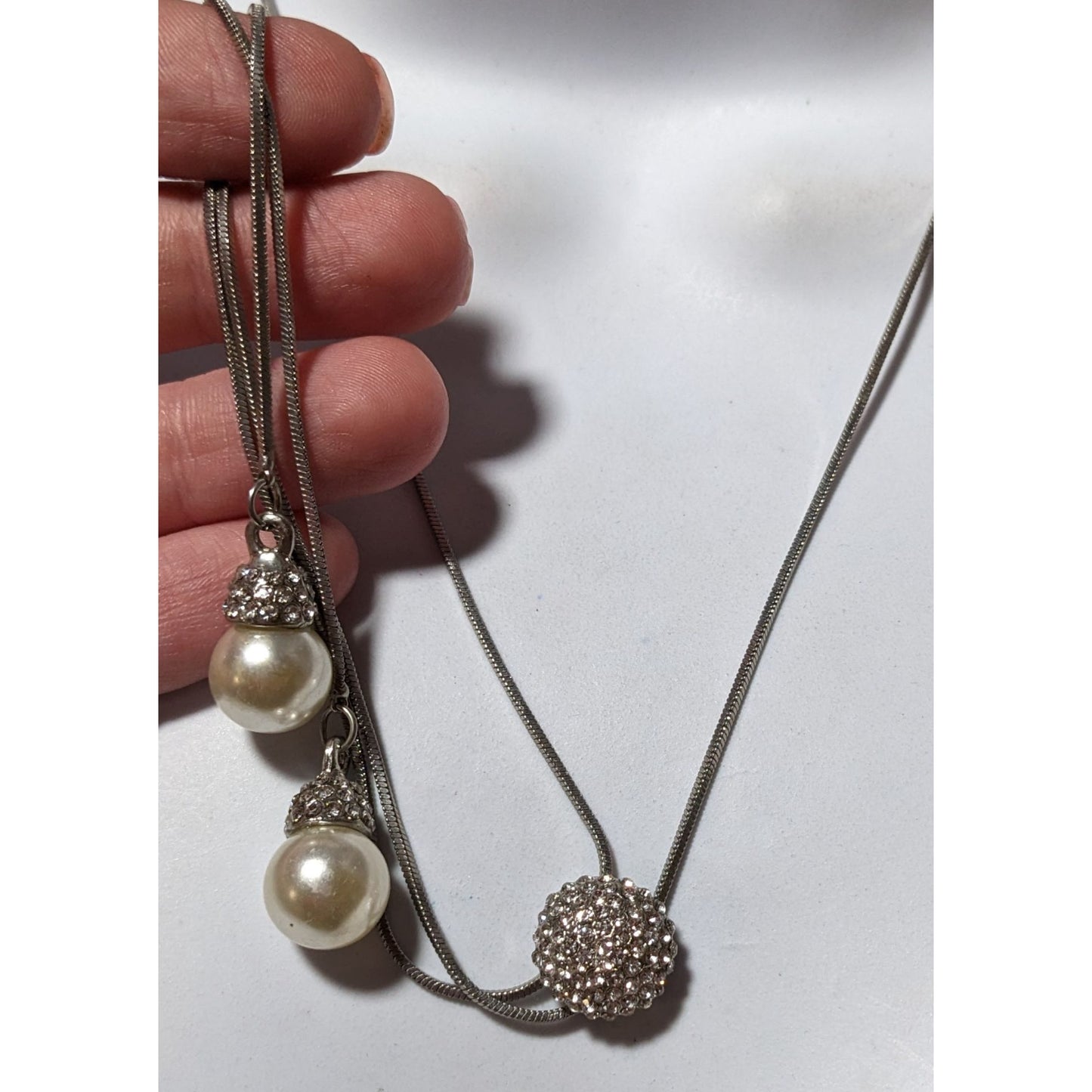 Silver Rhinestone Pearl Adjustable Bolo Necklace