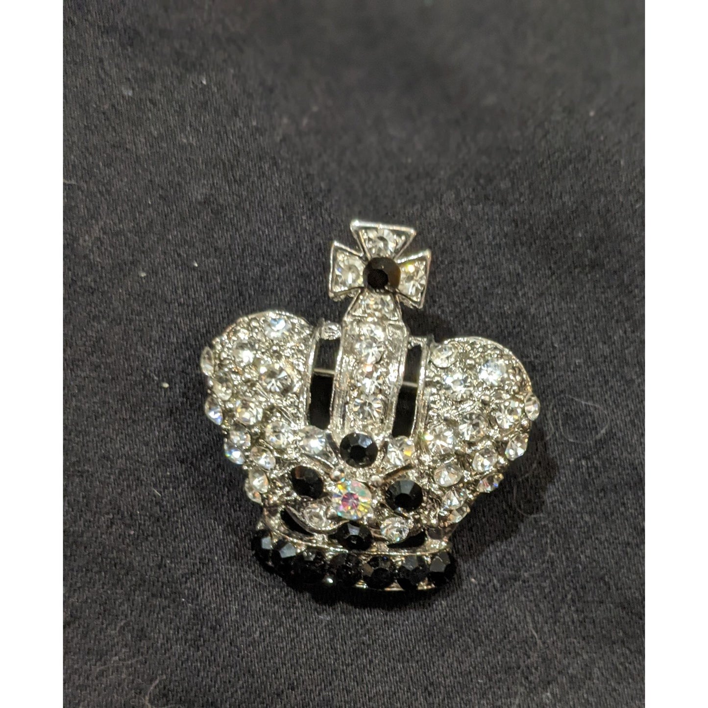 Silver And Black Rhinestone Crown Brooch