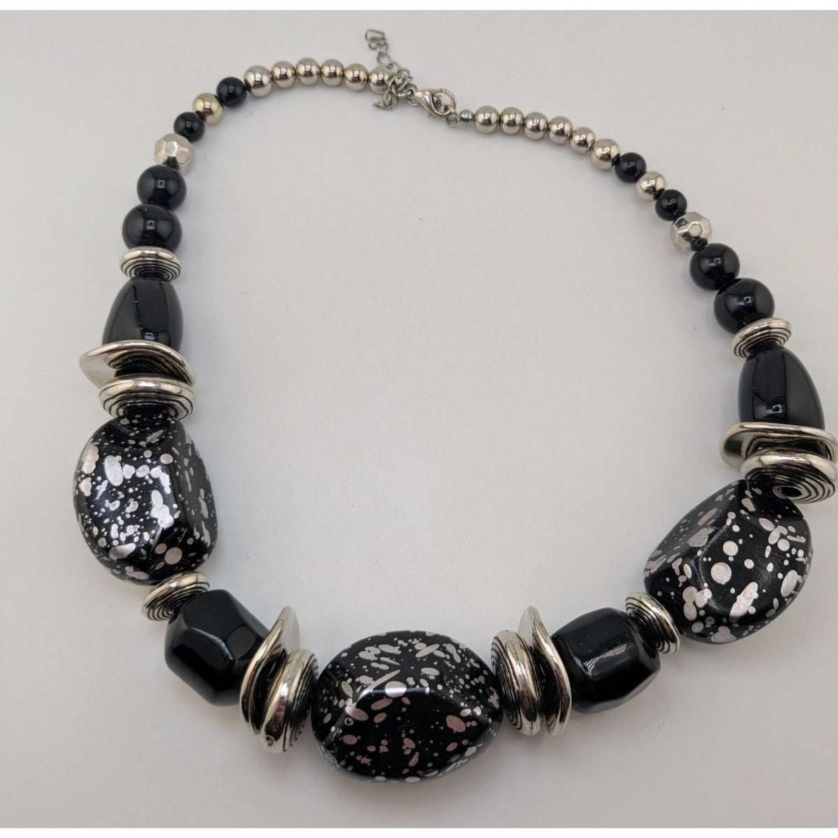 Chunky Gothic Black And Silver Tone Beaded Necklace