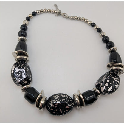 Chunky Gothic Black And Silver Tone Beaded Necklace