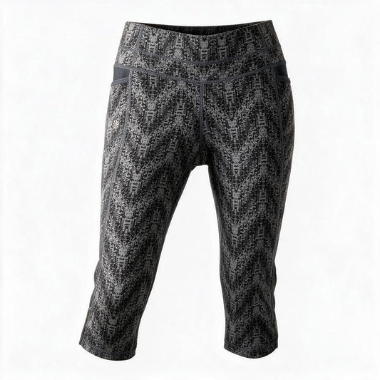 Athleta Black/Gray Textured Printed Cropped Leggings S With Pockets Mesh Details 16" Inseam 14" Waist Activewear