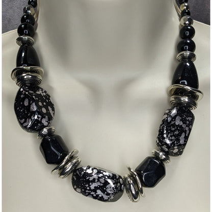 Chunky Gothic Black And Silver Tone Beaded Necklace