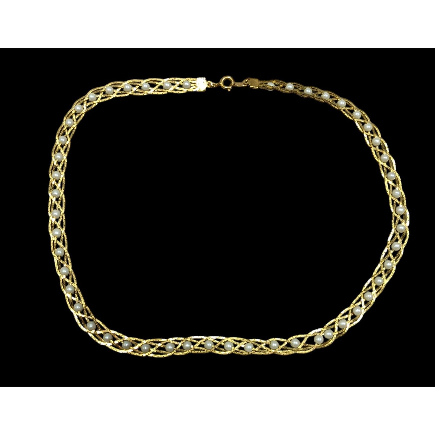 Vintage Avon Braided Gold Tone Faux Pearl Beaded Necklace