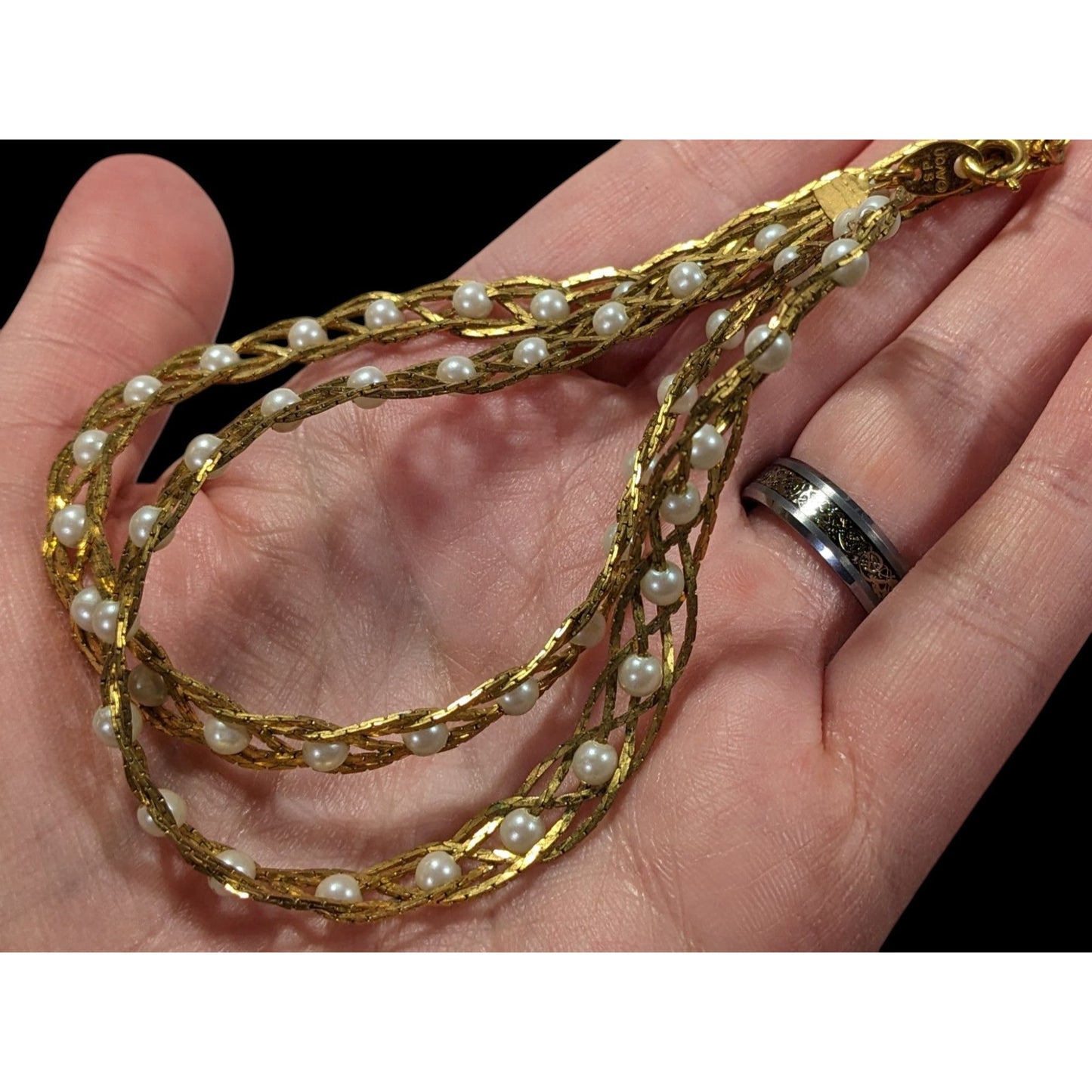 Vintage Avon Braided Gold Tone Faux Pearl Beaded Necklace