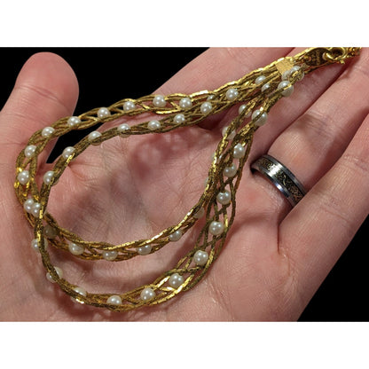 Vintage Avon Braided Gold Tone Faux Pearl Beaded Necklace