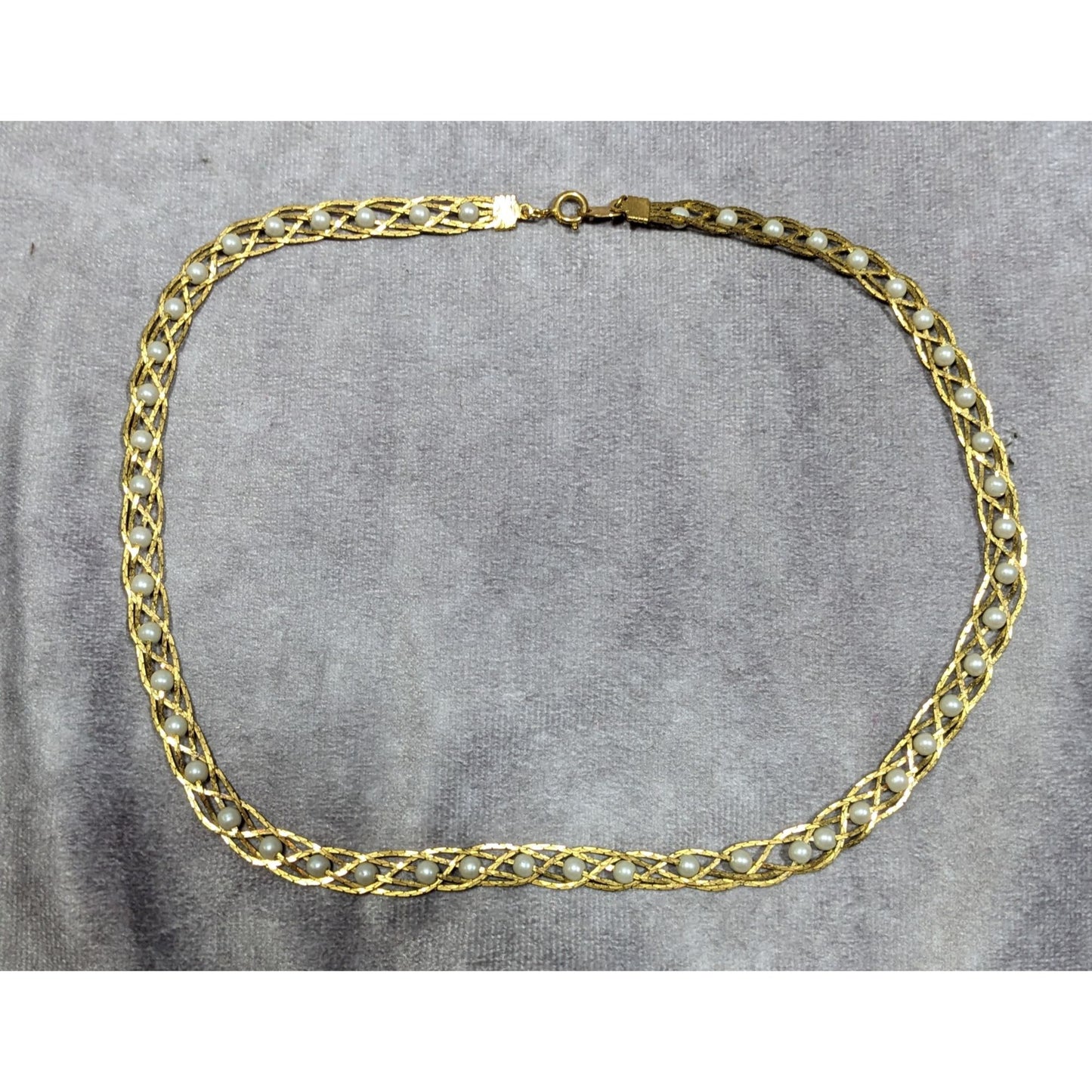Vintage Avon Braided Gold Tone Faux Pearl Beaded Necklace