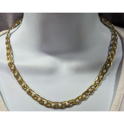 Vintage Avon Braided Gold Tone Faux Pearl Beaded Necklace