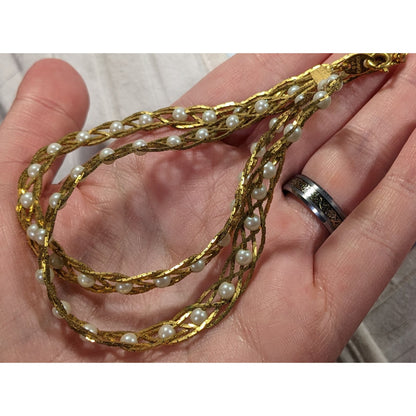 Vintage Avon Braided Gold Tone Faux Pearl Beaded Necklace