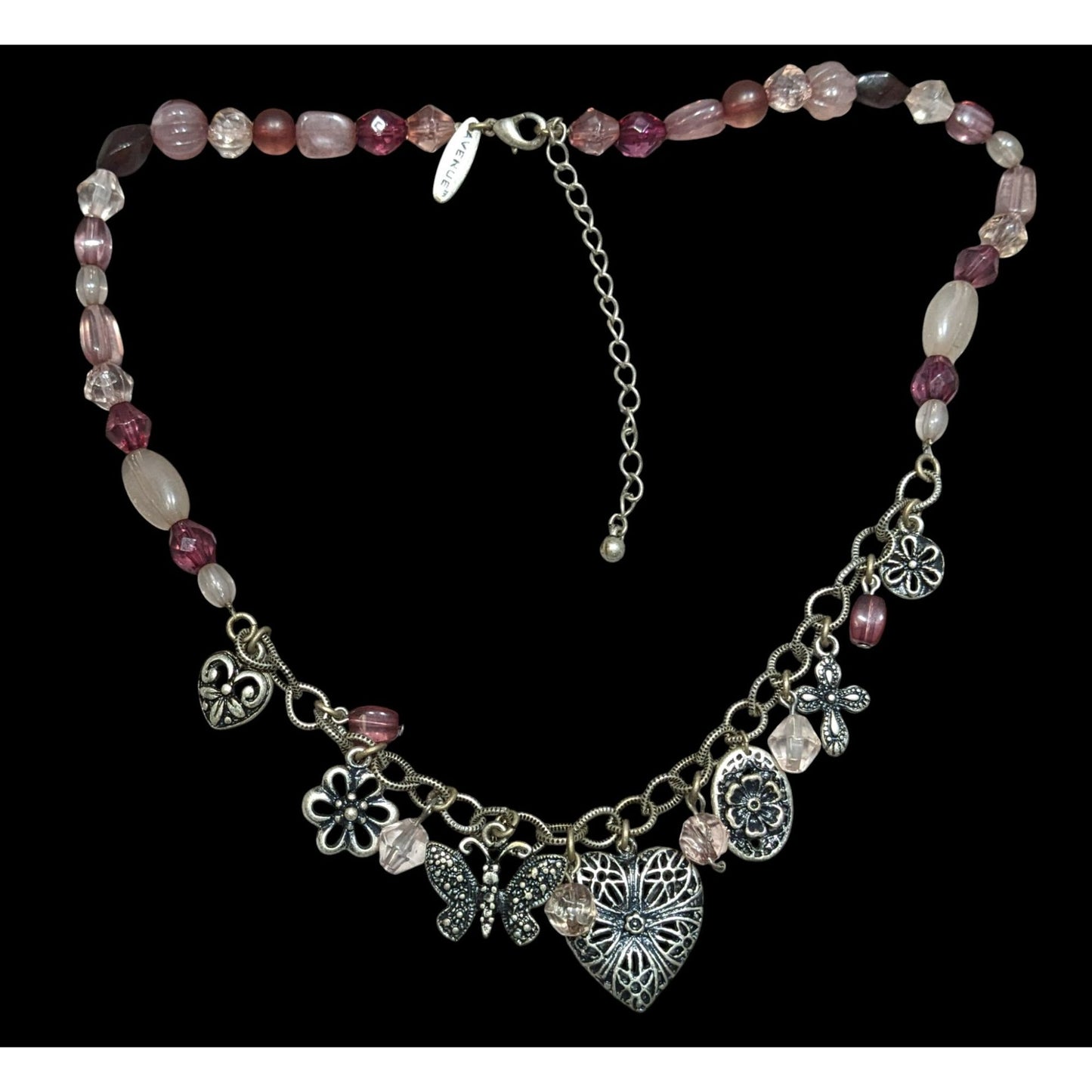Vintage Avenue Coquette Pink & Silver Charm Necklace With Heart & Butterfly Accents