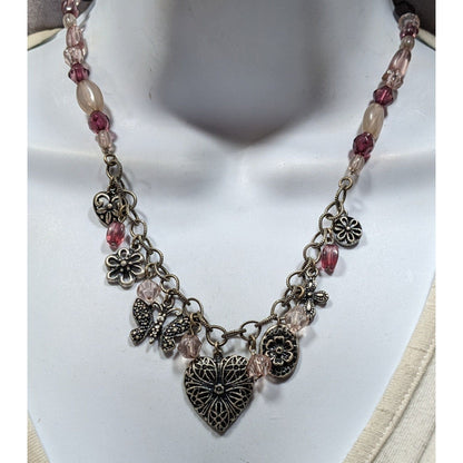 Vintage Avenue Coquette Pink & Silver Charm Necklace With Heart & Butterfly Accents