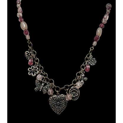 Vintage Avenue Coquette Pink & Silver Charm Necklace With Heart & Butterfly Accents
