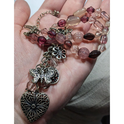 Vintage Avenue Coquette Pink & Silver Charm Necklace With Heart & Butterfly Accents