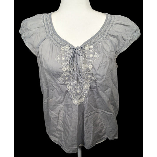 Loft Peasant Top Light Grey With White Embroidery Size Medium