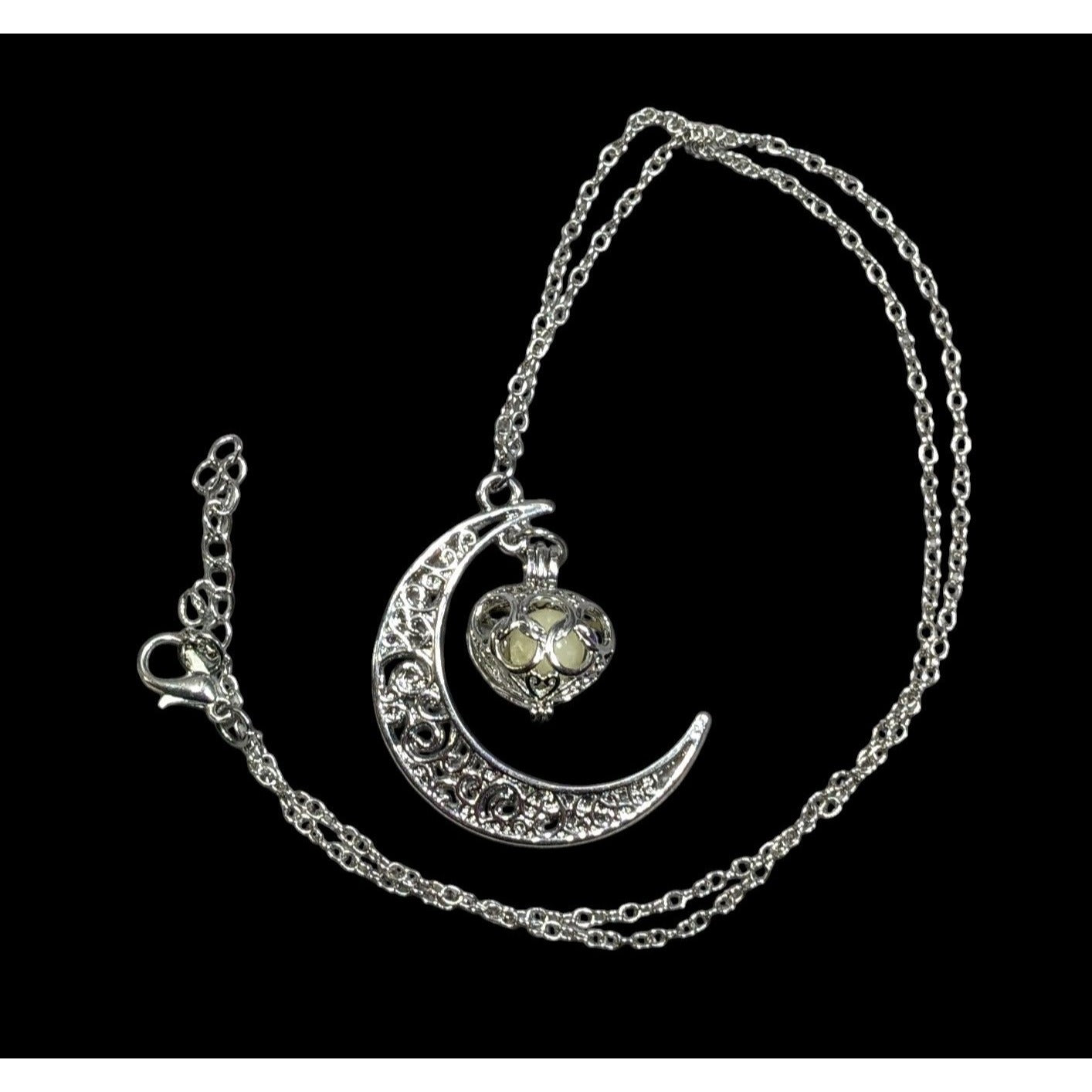 Mystical Moon And Star Silver Tone Filigree Necklace