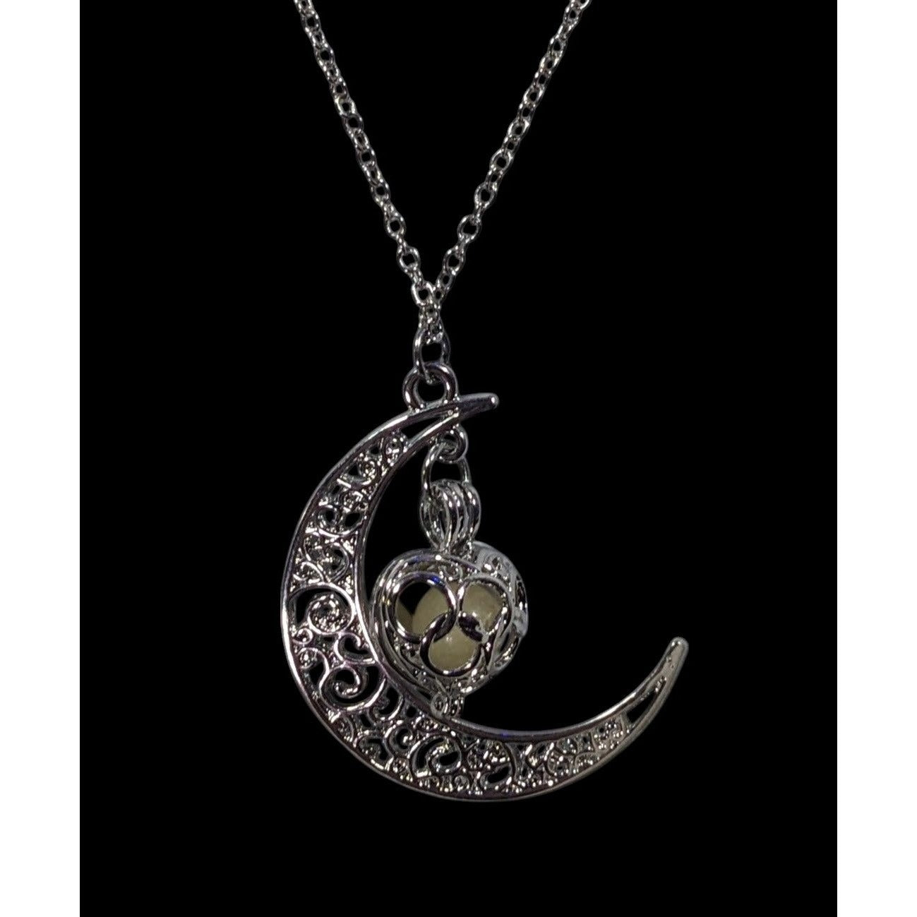 Mystical Moon And Star Silver Tone Filigree Necklace