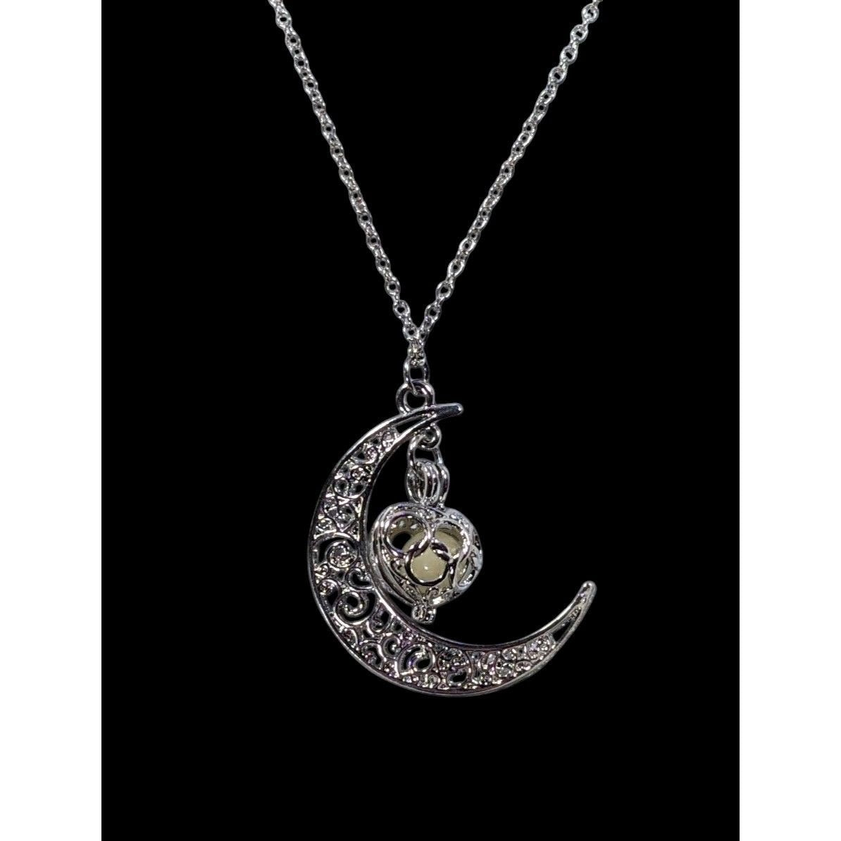 Mystical Moon And Star Silver Tone Filigree Necklace