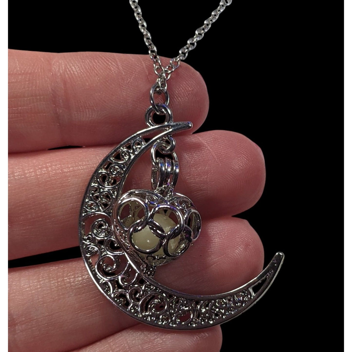 Mystical Moon And Star Silver Tone Filigree Necklace
