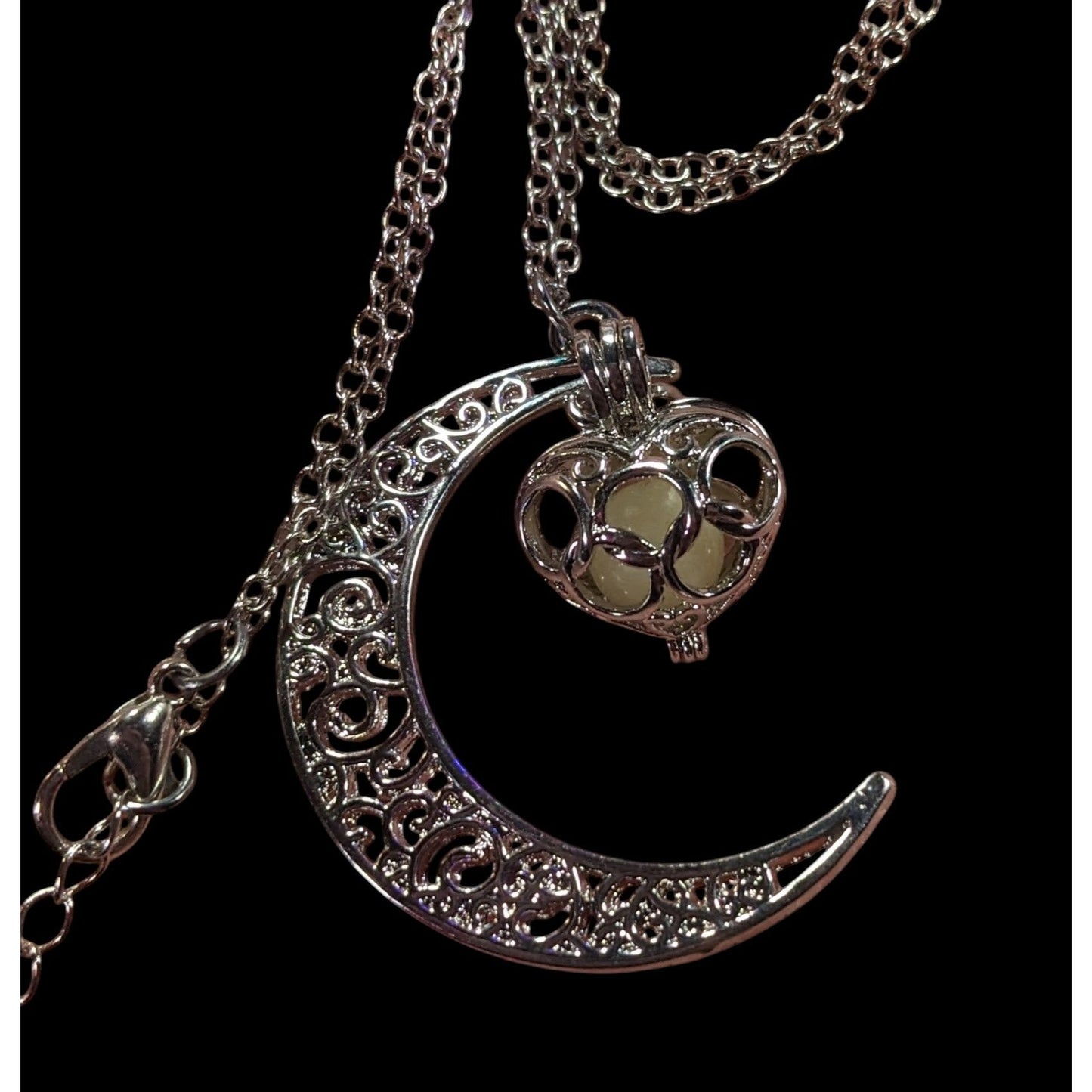 Mystical Moon And Star Silver Tone Filigree Necklace