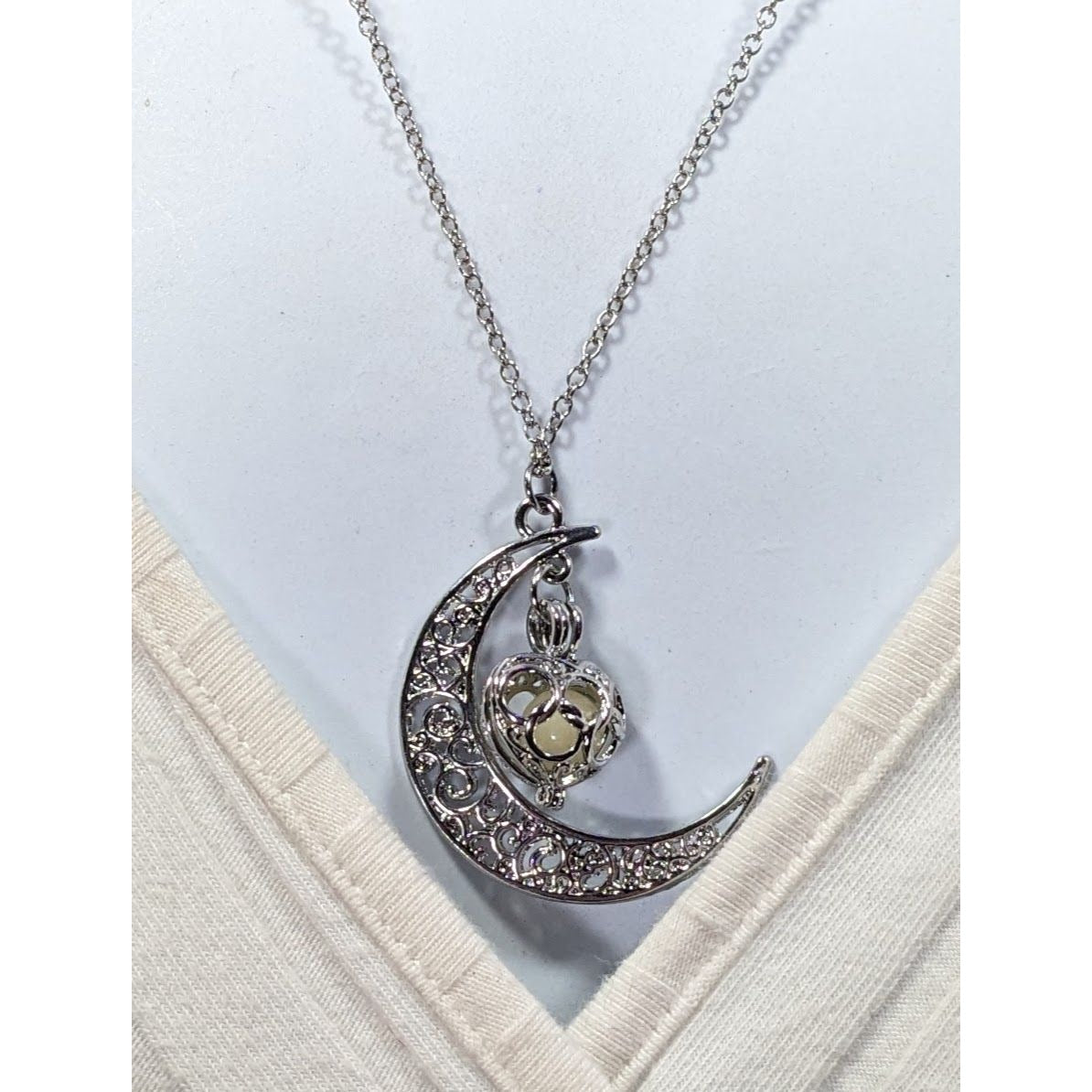 Mystical Moon And Star Silver Tone Filigree Necklace
