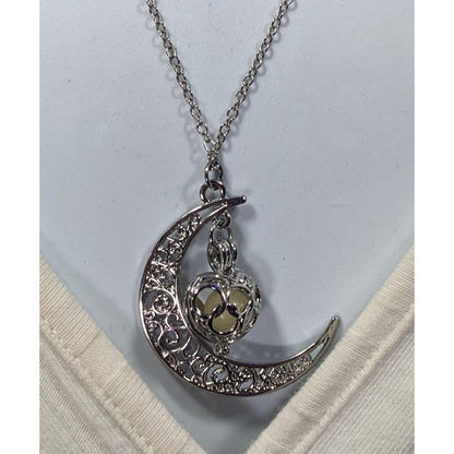 Mystical Moon And Star Silver Tone Filigree Necklace