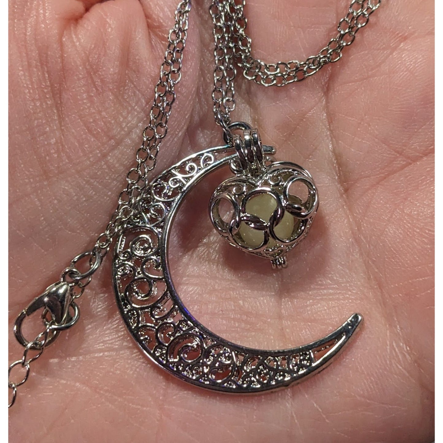 Mystical Moon And Star Silver Tone Filigree Necklace