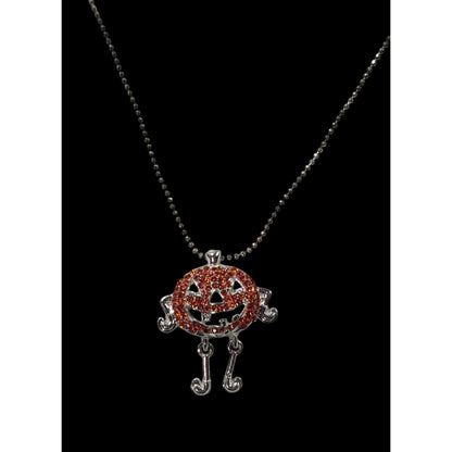 Seasons Halloween Orange Rhinestone Jack O Lantern Pendant Necklace