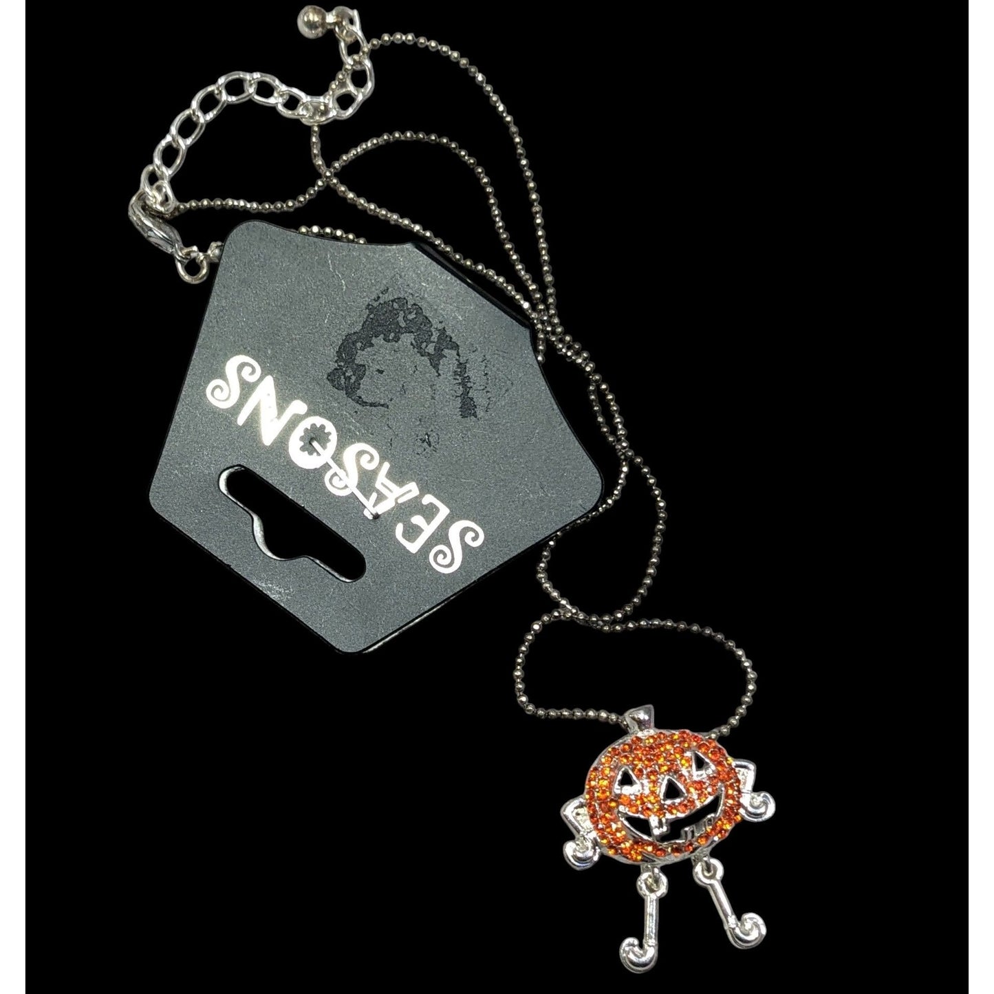 Seasons Halloween Orange Rhinestone Jack O Lantern Pendant Necklace