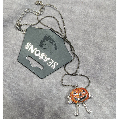Seasons Halloween Orange Rhinestone Jack O Lantern Pendant Necklace