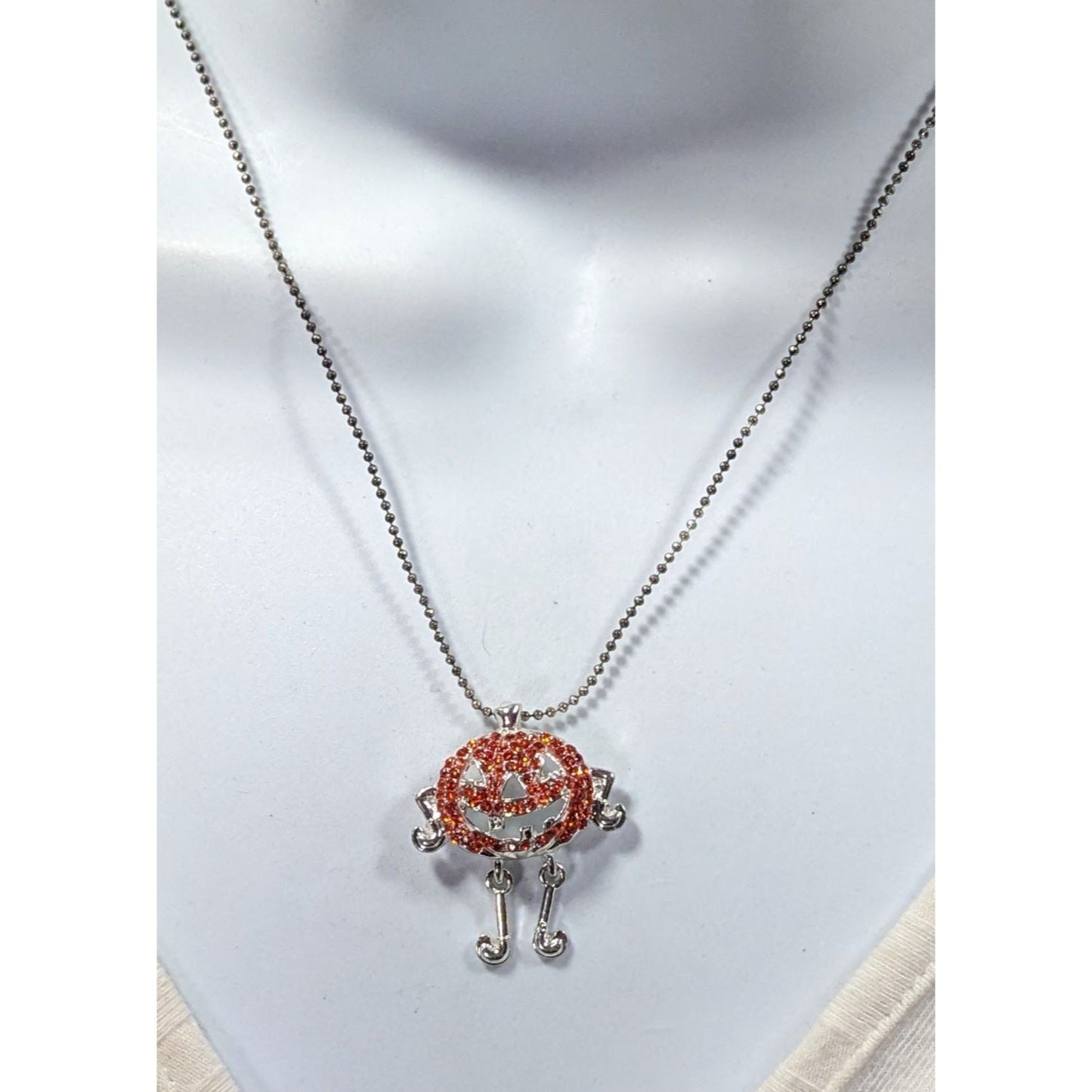 Seasons Halloween Orange Rhinestone Jack O Lantern Pendant Necklace