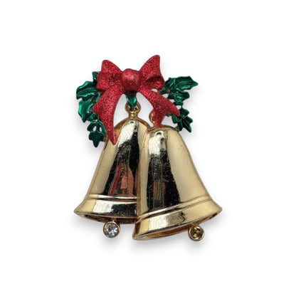 Vintage Retro Gold Tone Red Green Christmas Bell Brooch 3 Inch Holiday