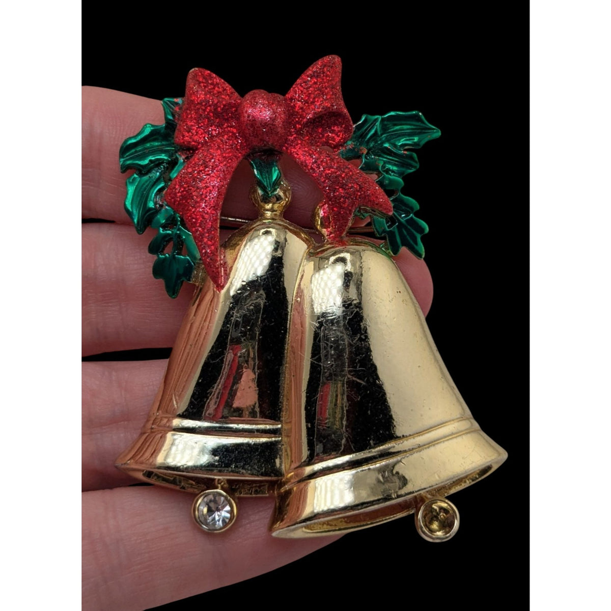 Vintage Retro Gold Tone Red Green Christmas Bell Brooch 3 Inch Holiday