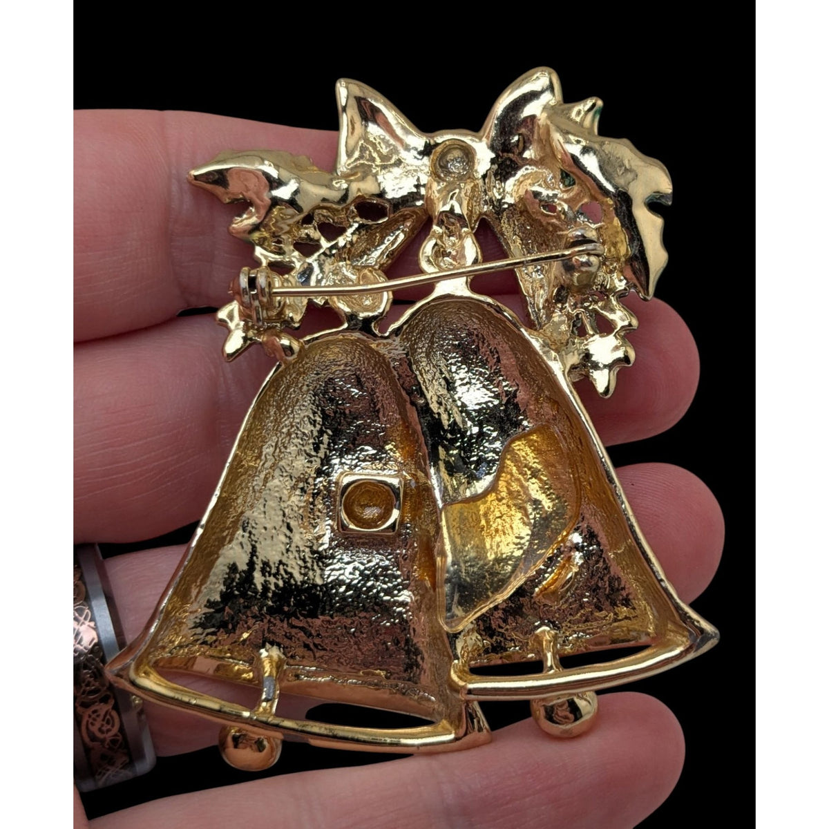 Vintage Retro Gold Tone Red Green Christmas Bell Brooch 3 Inch Holiday