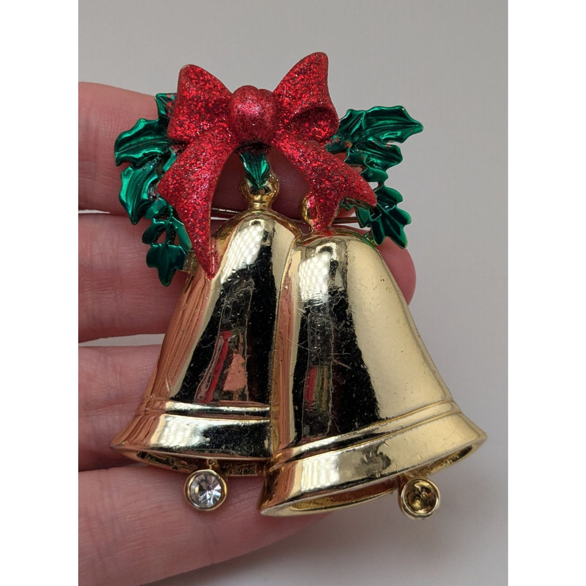 Vintage Retro Gold Tone Red Green Christmas Bell Brooch 3 Inch Holiday