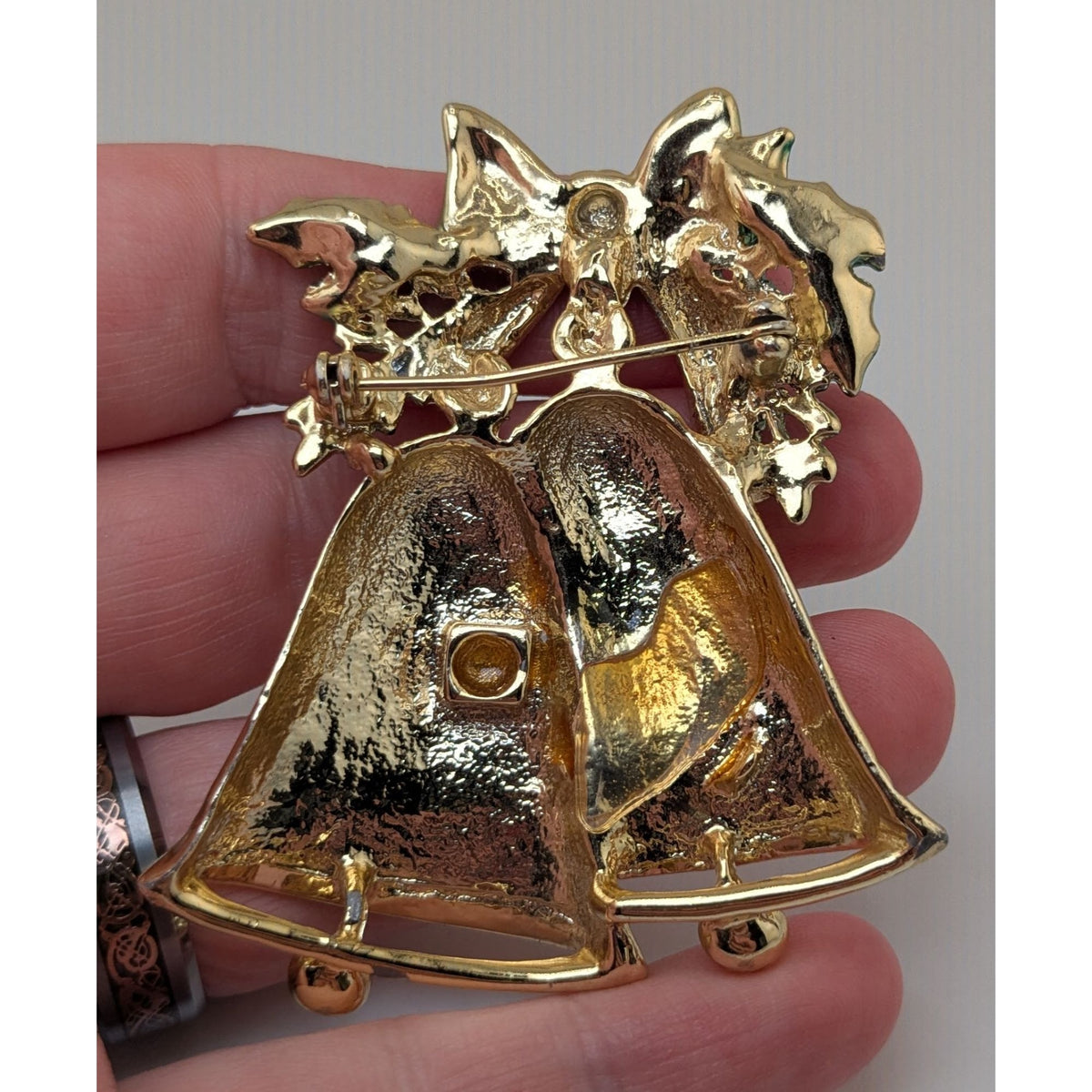 Vintage Retro Gold Tone Red Green Christmas Bell Brooch 3 Inch Holiday