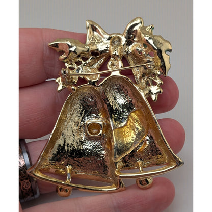 Vintage Retro Gold Tone Red Green Christmas Bell Brooch 3 Inch Holiday
