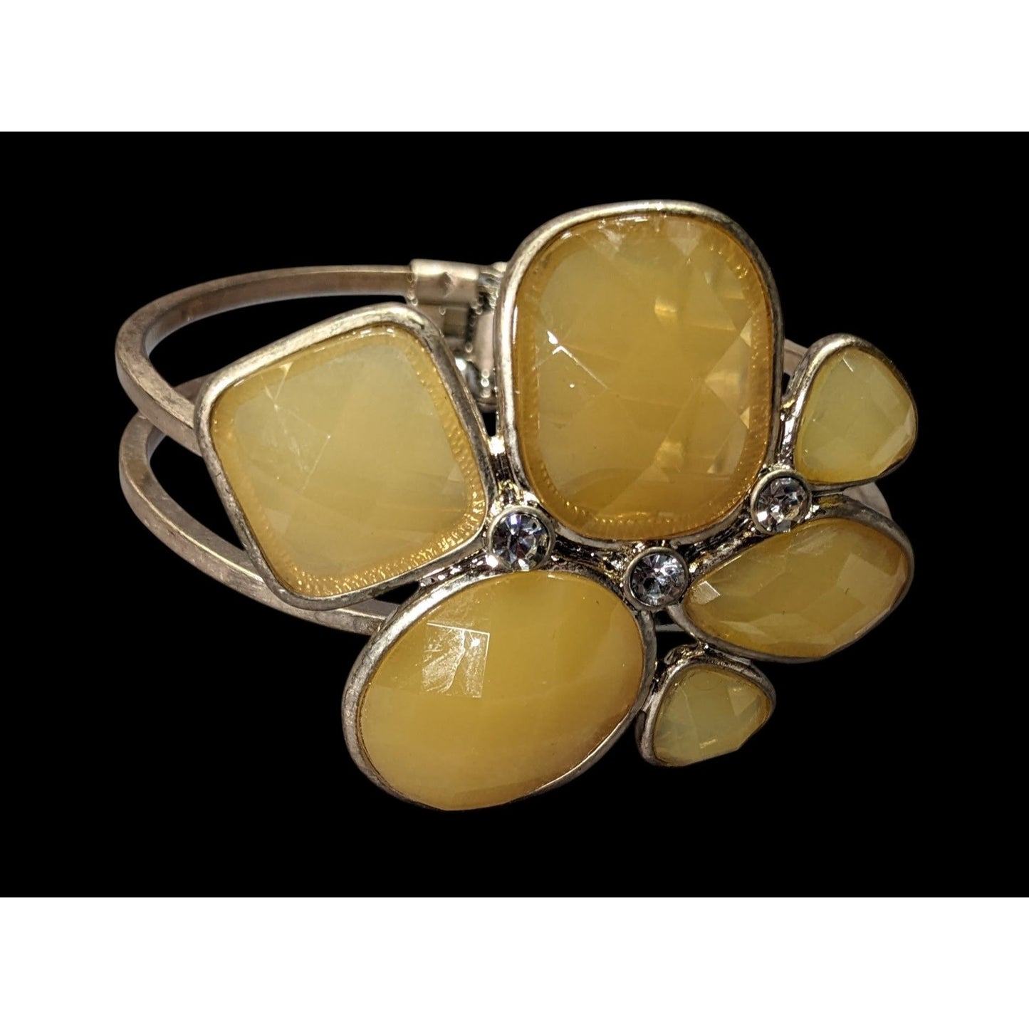 Chunky Retro Yellow Gemmed Gold-Tone Cuff Bracelet With Rhinestone Accents