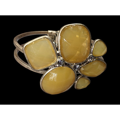 Chunky Retro Yellow Gemmed Gold-Tone Cuff Bracelet With Rhinestone Accents
