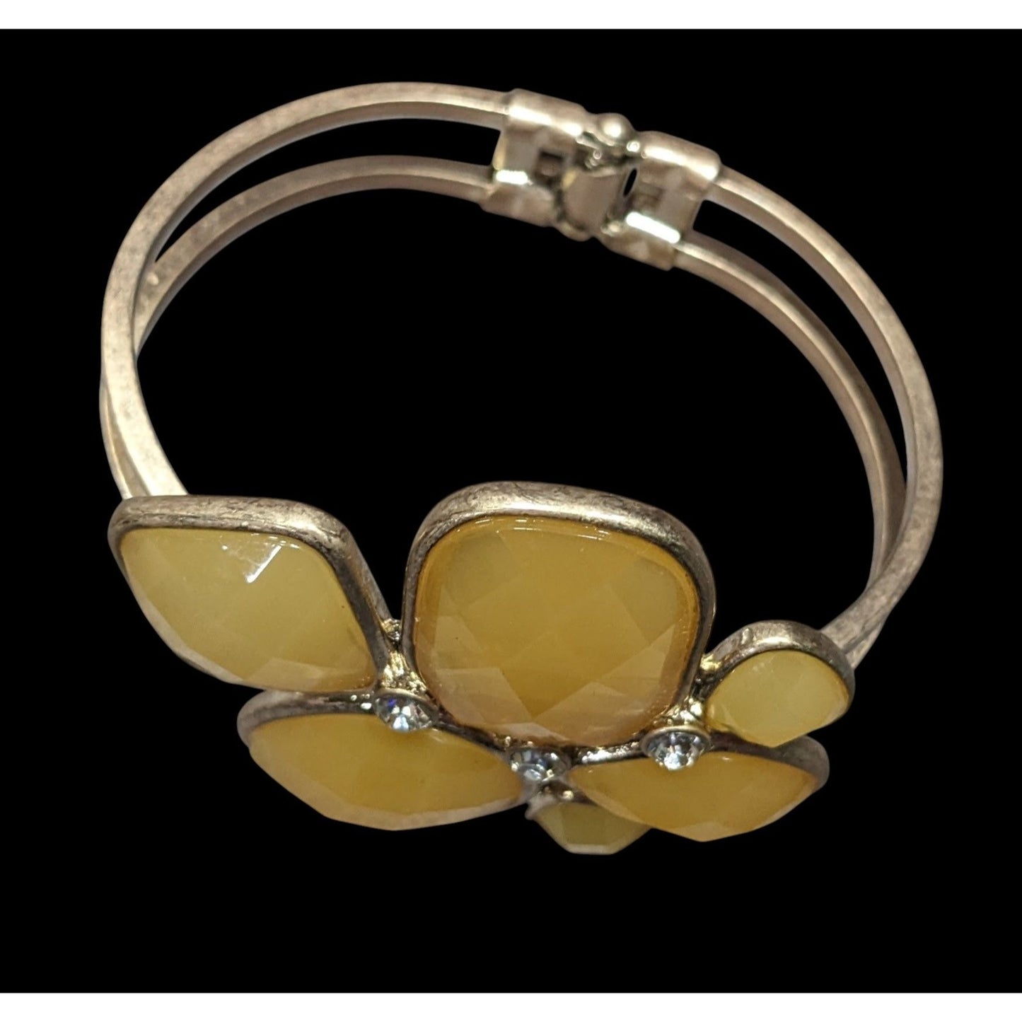 Chunky Retro Yellow Gemmed Gold-Tone Cuff Bracelet With Rhinestone Accents