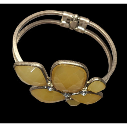 Chunky Retro Yellow Gemmed Gold-Tone Cuff Bracelet With Rhinestone Accents