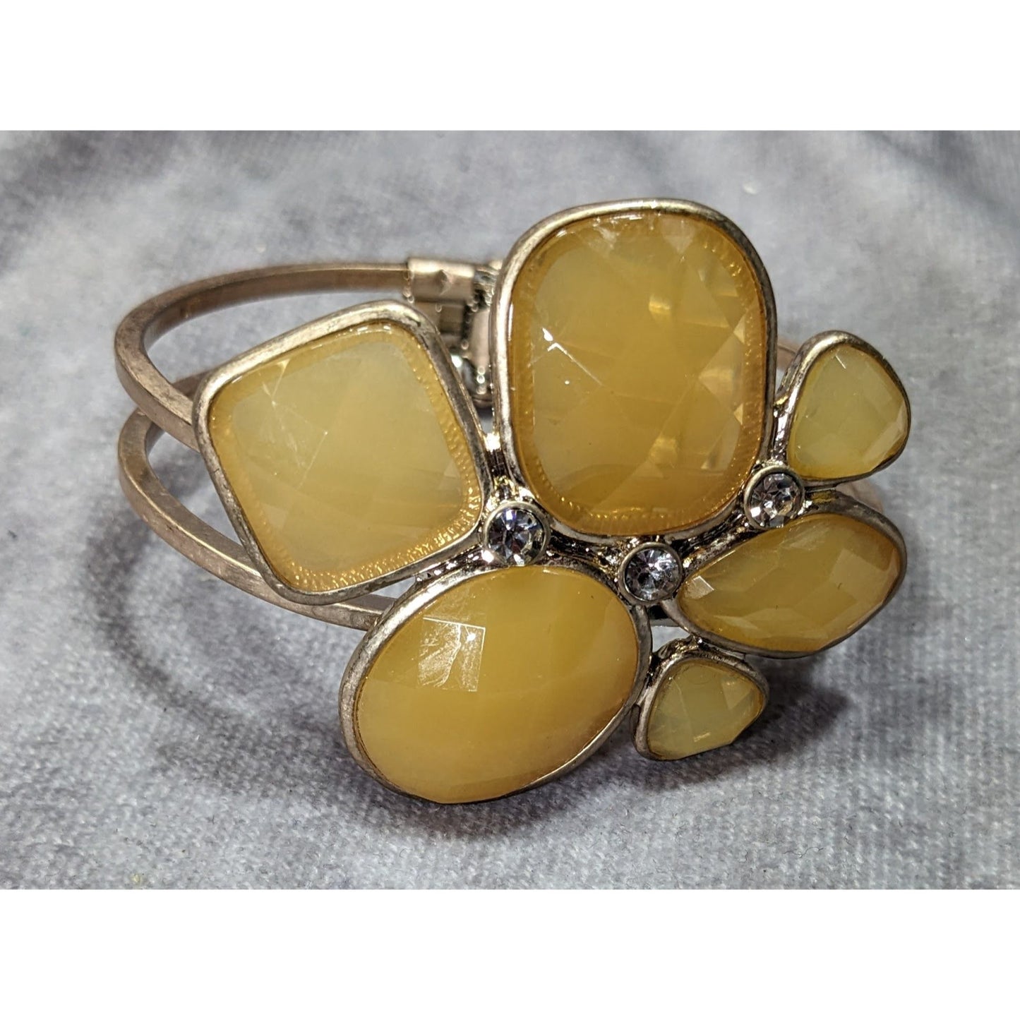 Chunky Retro Yellow Gemmed Gold-Tone Cuff Bracelet With Rhinestone Accents